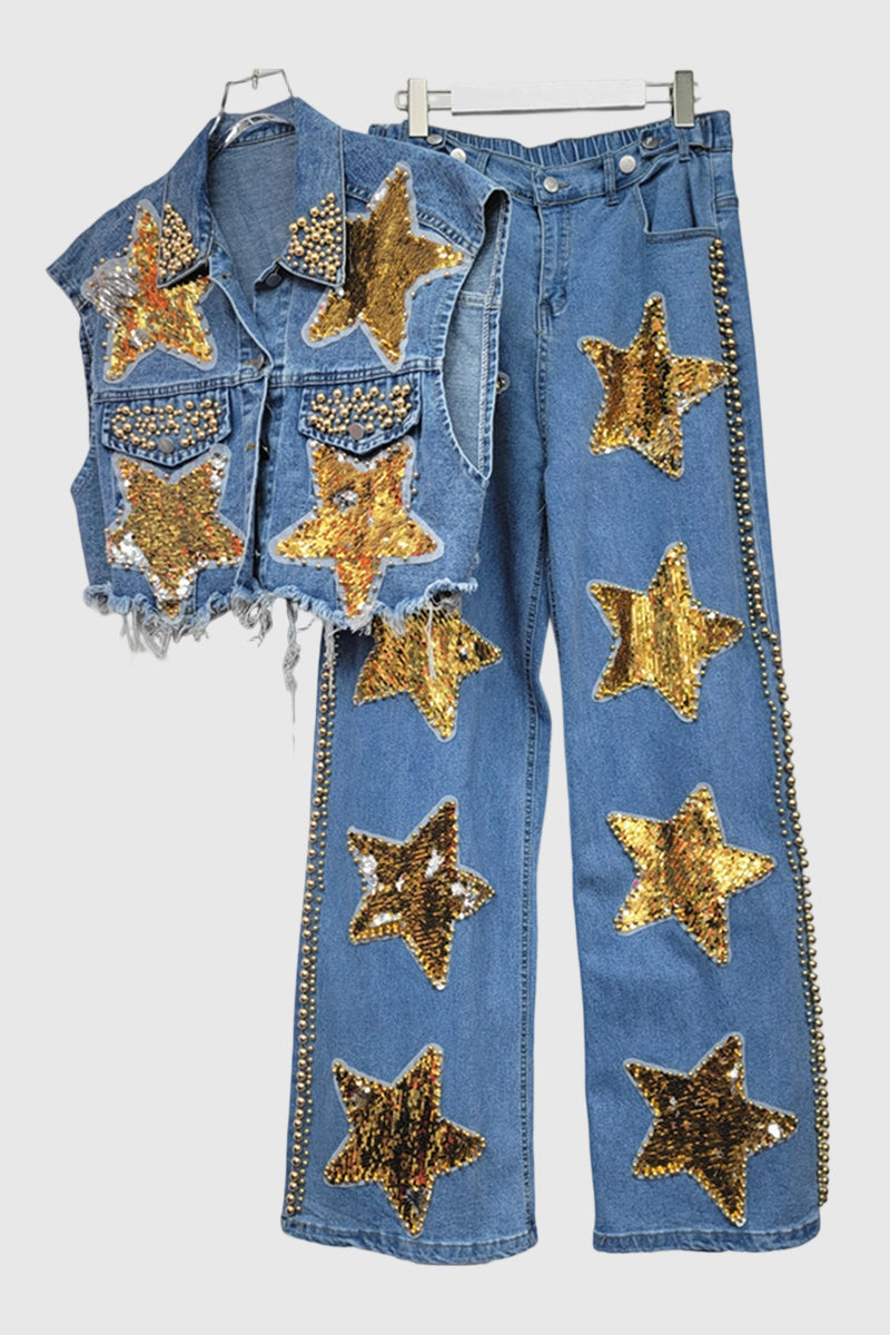 Star Embellished Denim Pants