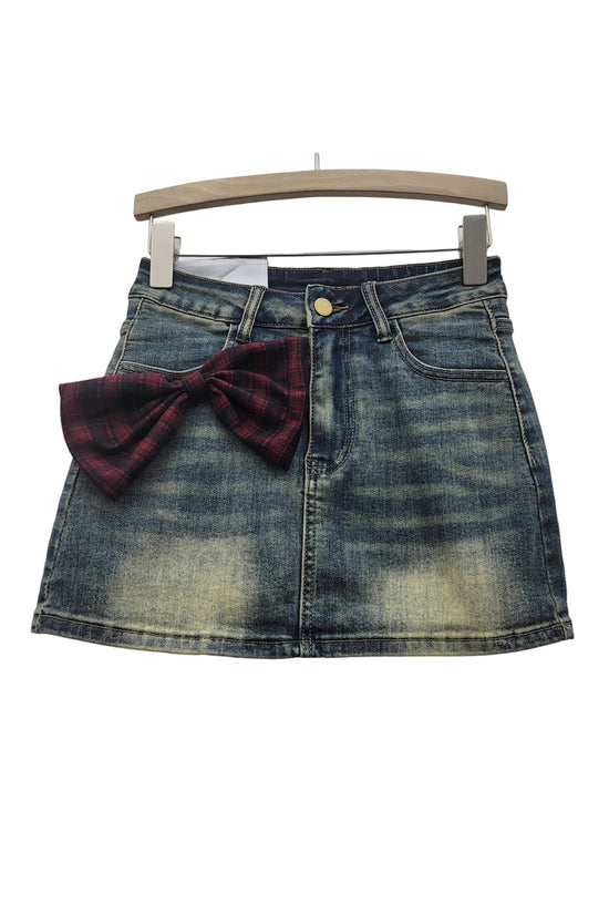 Denim Skirt with Plaid Bow Accent