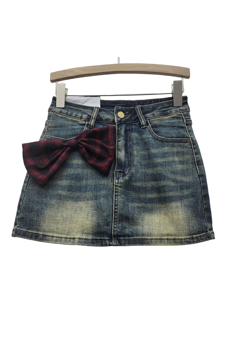 Denim Skirt with Plaid Bow Accent