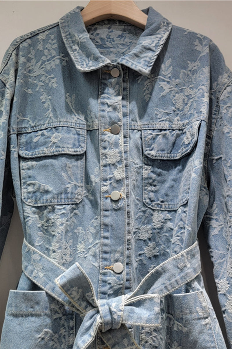 Floral Patterned Denim Jacket with Belt