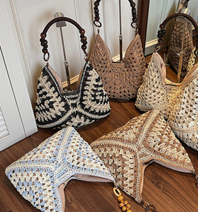 Crochet Patterned Handbag with Beaded Handle
