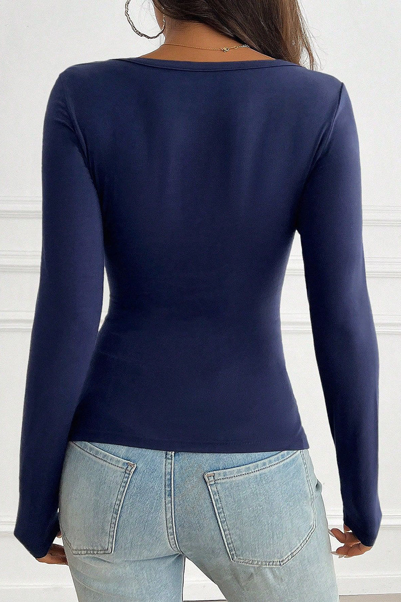 V-Neck Long Sleeve Button T-Shirt