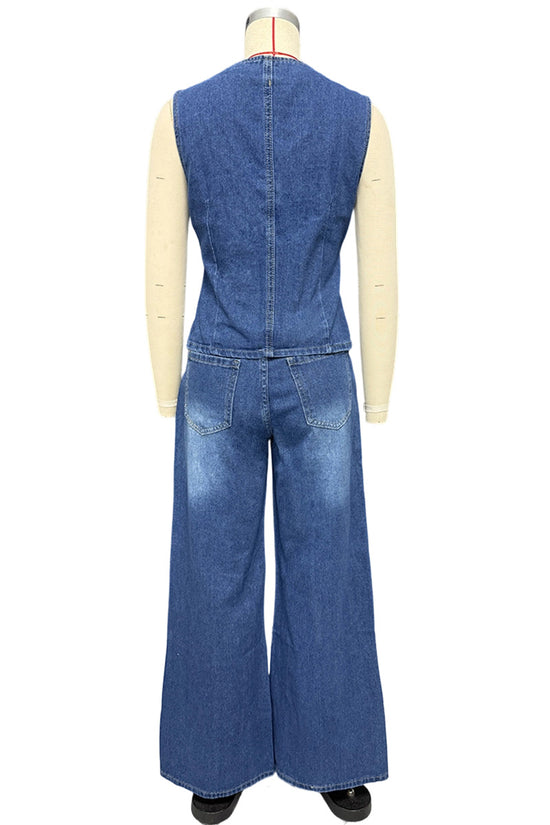 Stylish Denim Sleeveless Pants Set