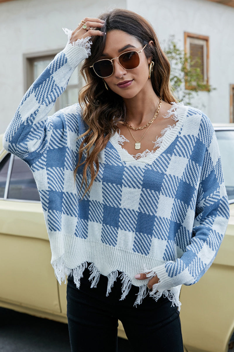 Distressed Plaid V-Neck Sweater