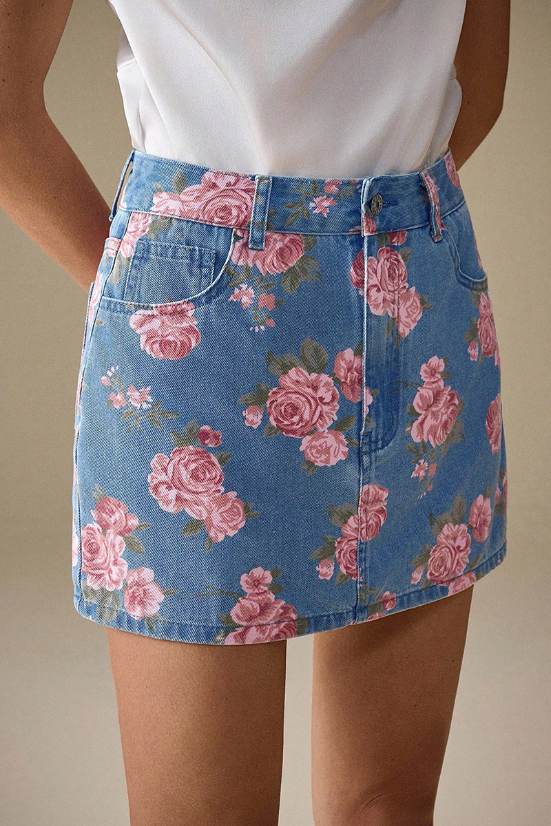 Floral Print Denim Mini Skirt