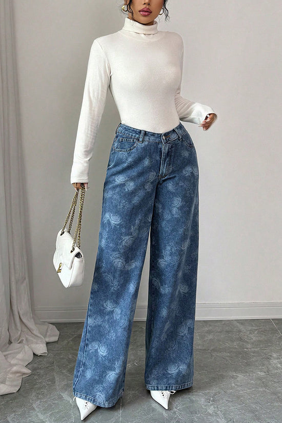 Floral Print High-Waisted Straight Jeans