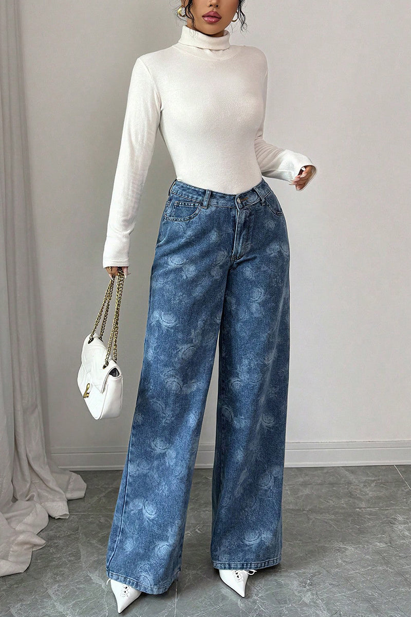 Floral Print High-Waisted Straight Jeans