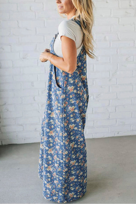 Vintage Rose Printed Pleated Overall Jumpsuit
