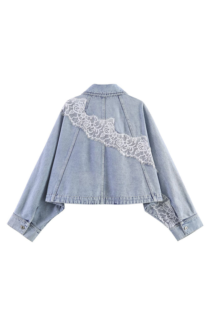 Cropped Denim Jacket with Lace Detail