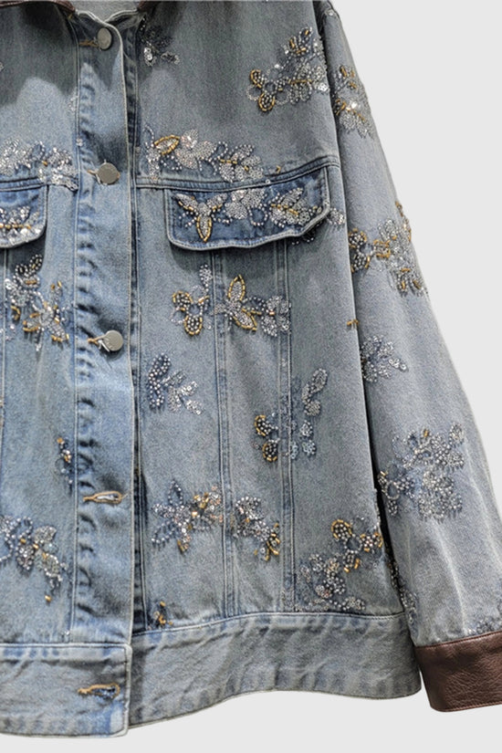 Embellished Denim Jacket with Contrast Collar