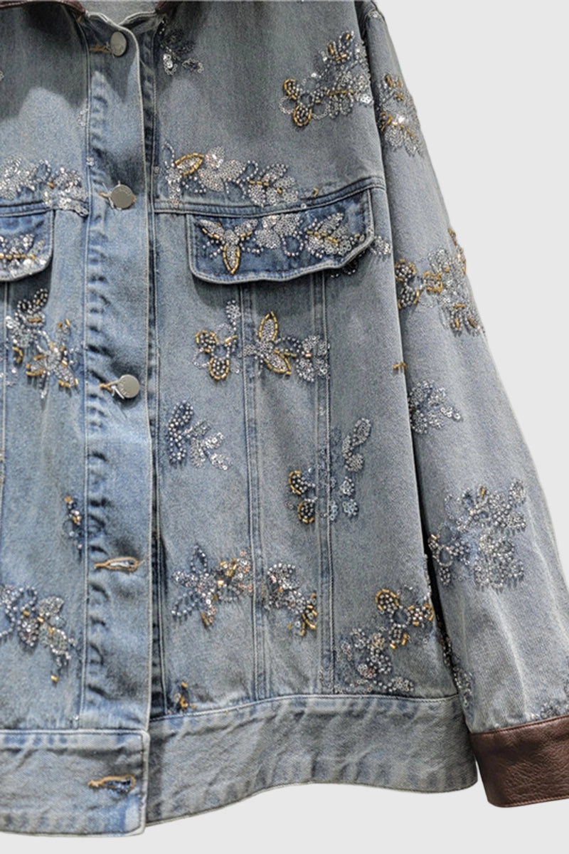 Embellished Denim Jacket with Contrast Collar