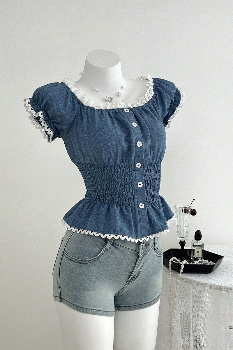 Charming Buttoned Smocked Peplum Top