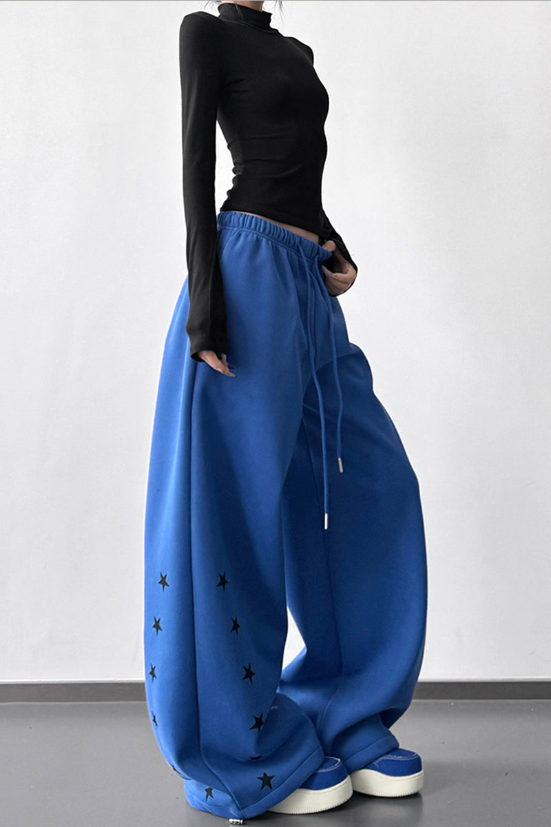 Star Embellished Wide-Leg Casual Pants