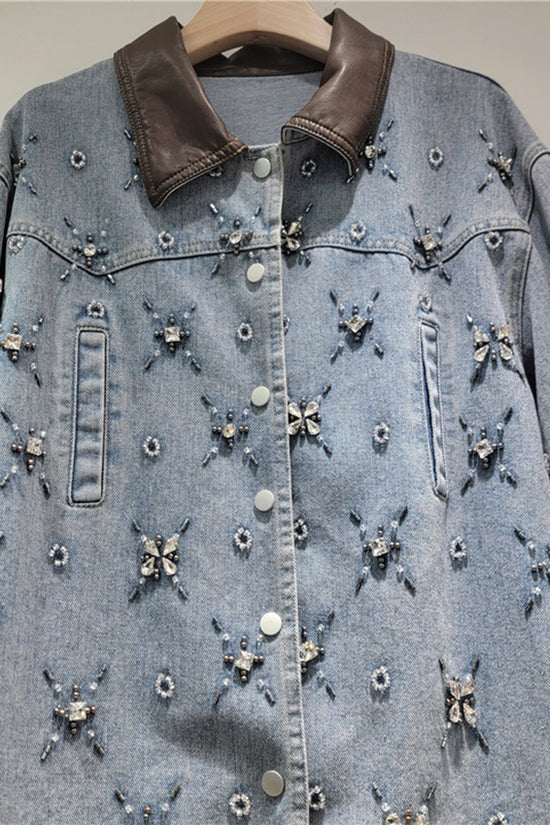 Embellished Denim Jacket with Contrast Collar