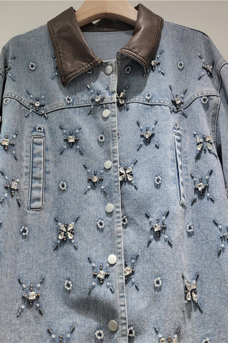 Embellished Denim Jacket with Contrast Collar