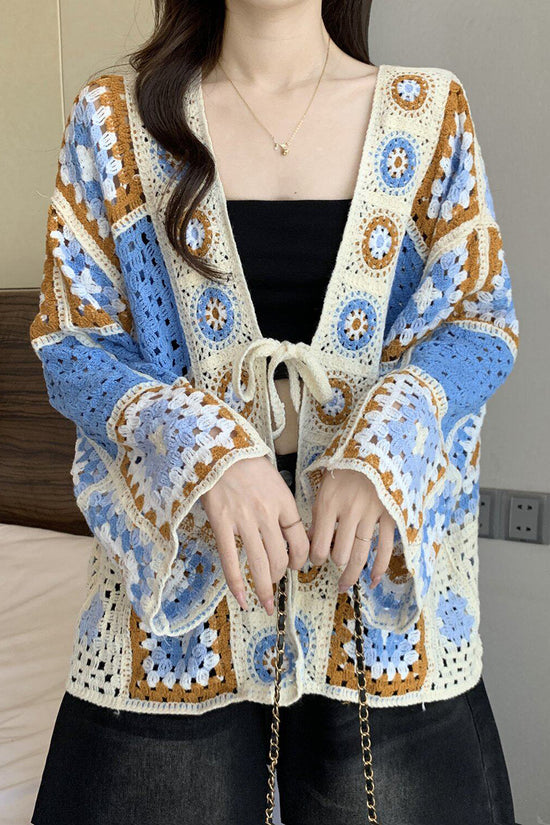 Crochet Hollow Tie Front Knit Cardigan