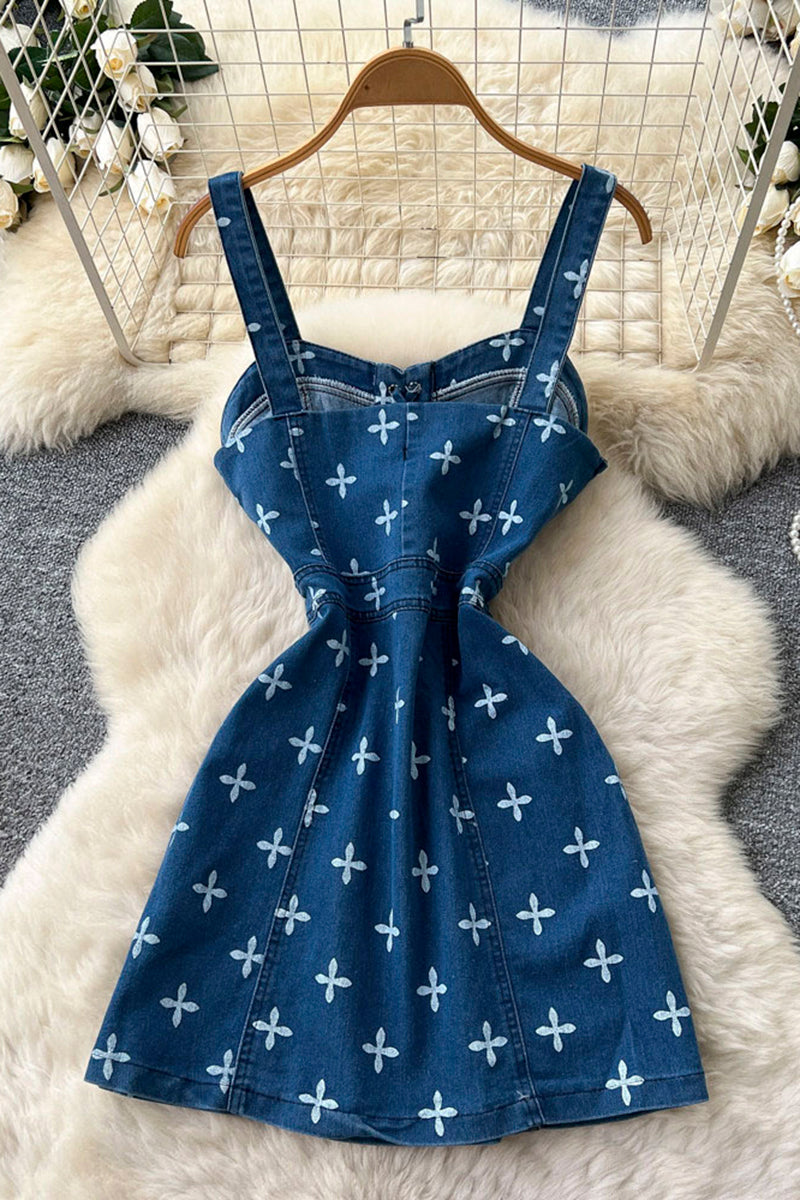 Floral Detail Sleeveless Denim Dress