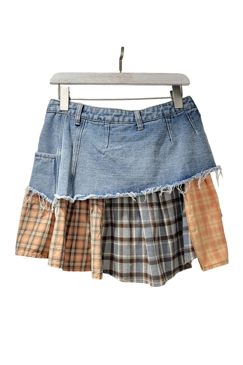 Distressed Denim Patchwork Mini Skirt