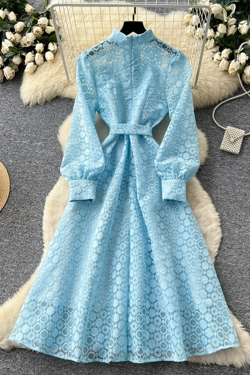 Elegant Long Sleeve Tie Waist Dress