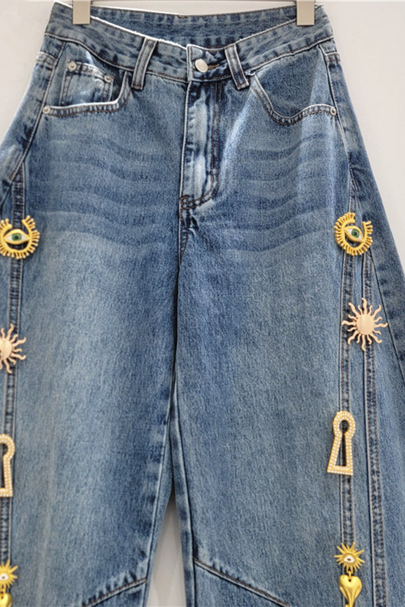Embellished Barrel Jeans with Accents