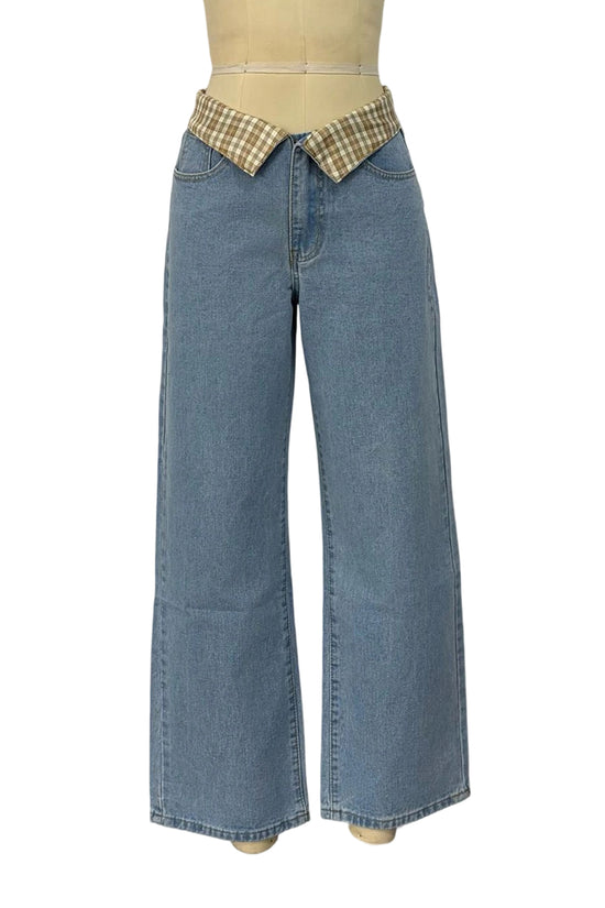Foldover Waist Straight Denim Jeans