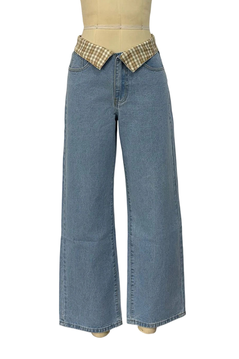 Foldover Waist Straight Denim Jeans