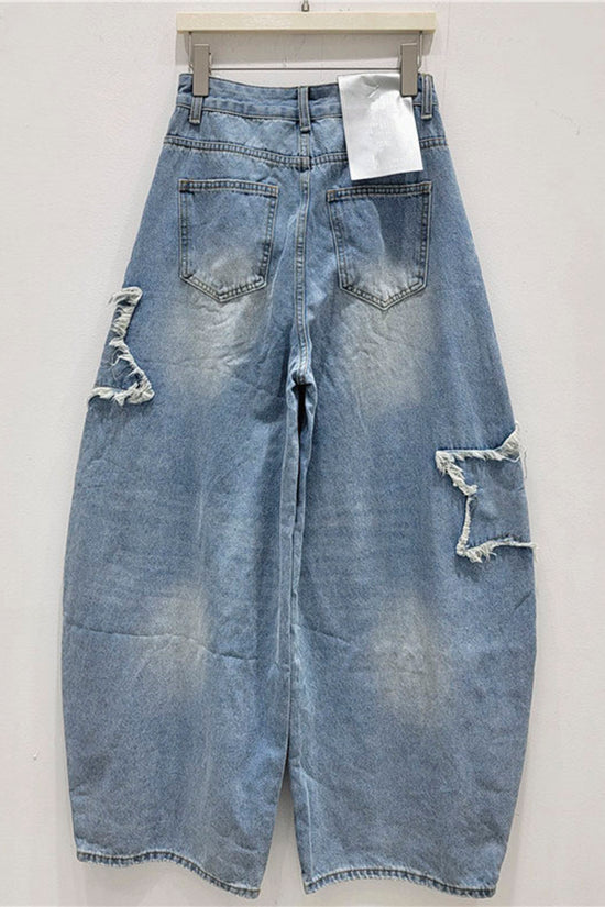 Star Patch Distressed Barrel Jeans