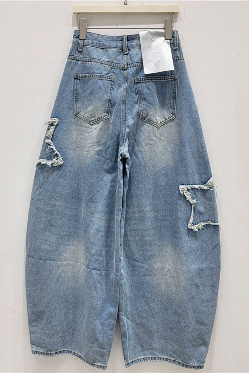 Star Patch Distressed Barrel Jeans