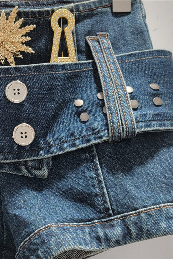 Embellished Denim Belted Shorts
