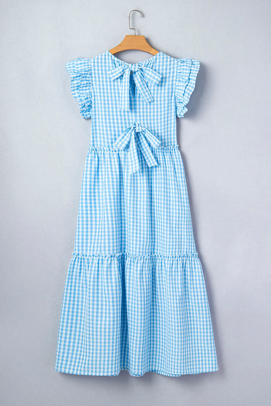 Knot Back Ruffled Short Sleeve Gingham Maxi Dress