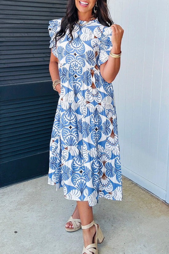 Tropical Print Flutter Sleeve Vacation Dress