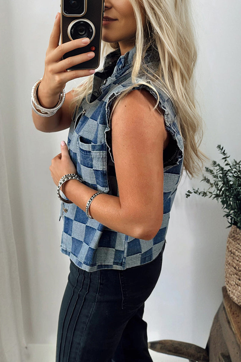 Checkered Sleeveless Denim Vest