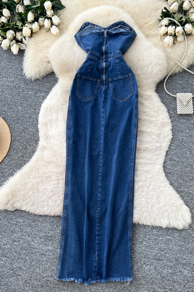 Studded Denim Strapless Long Dress