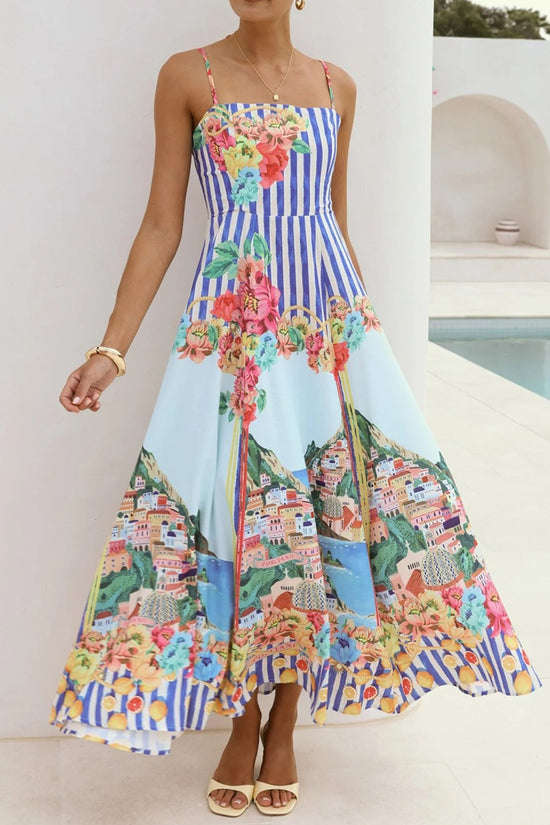 Floral Striped Spaghetti Strap Maxi Dress