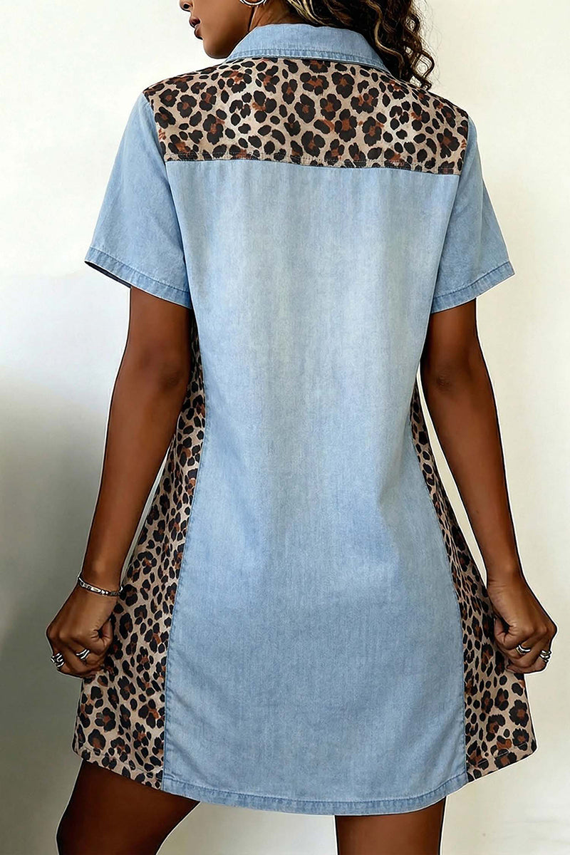 Denim Block Leopard Patchwork Shirt Collar Dress