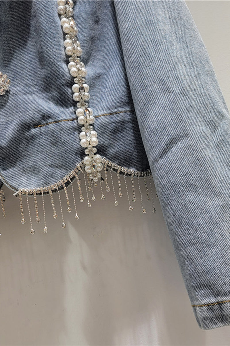 Embellished Denim Jacket with Pearls