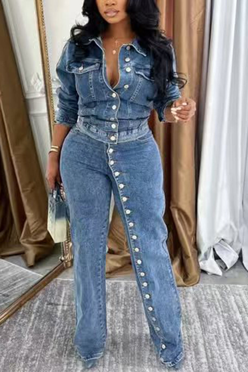 Button-Up Denim Two-Piece Set