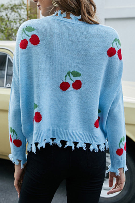 V-Neck Cherry Pattern Frayed Sweater