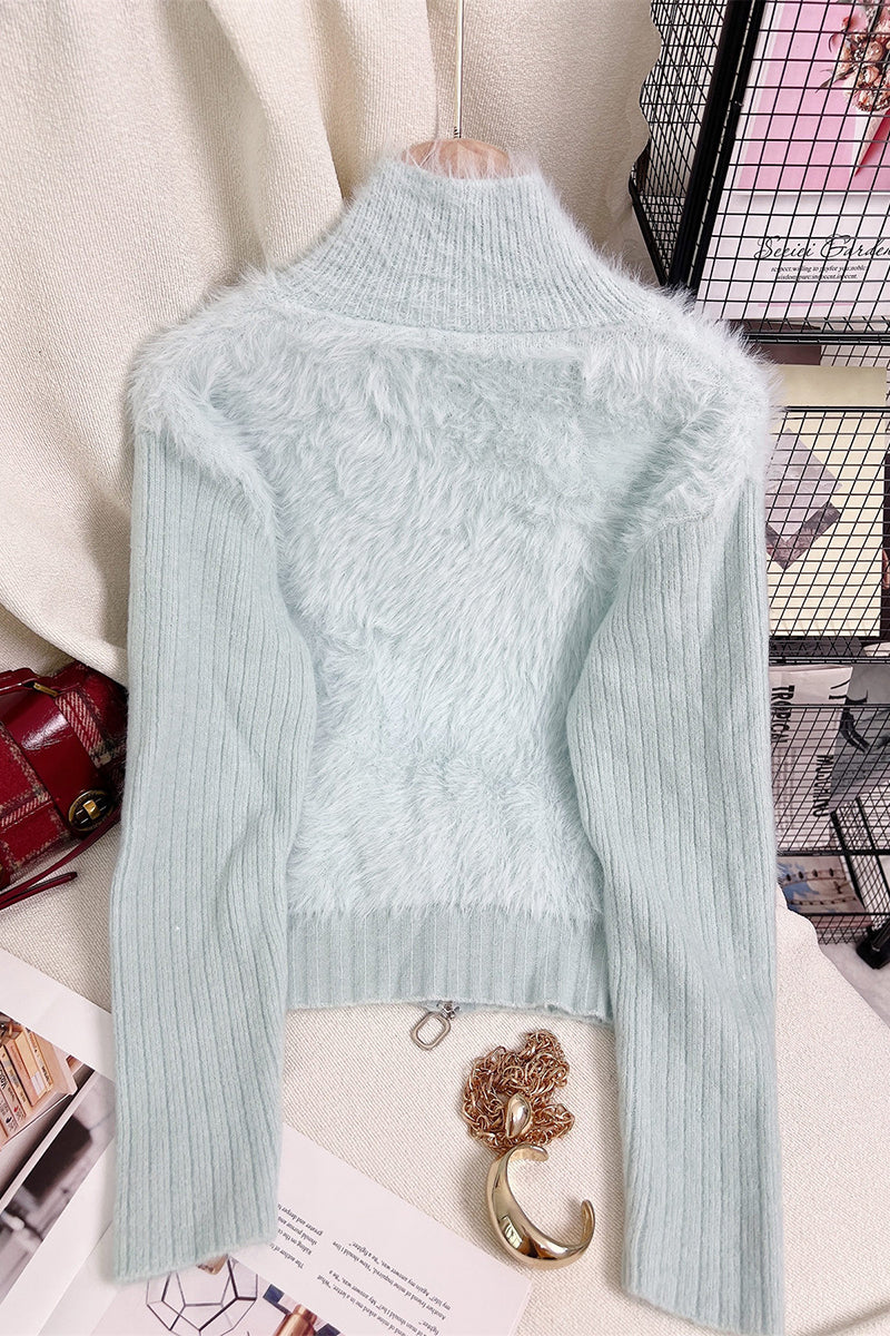 Zip-Up Mock Neck Fuzzy Cardigan