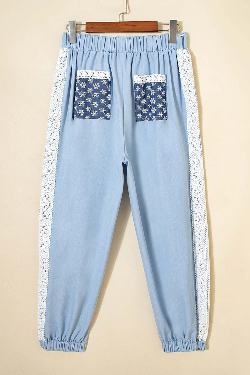 Lace Accent  Patched Pleated Wide Leg Pants