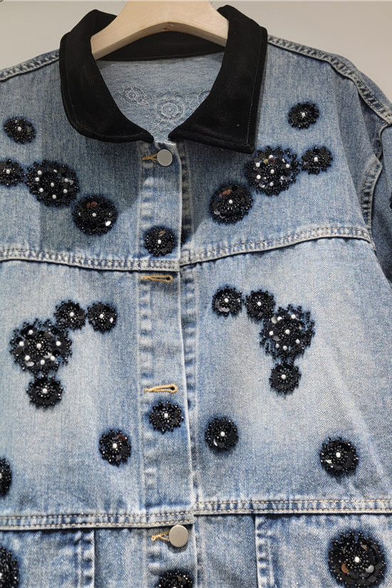 Embellished Denim Jacket with Floral Accents
