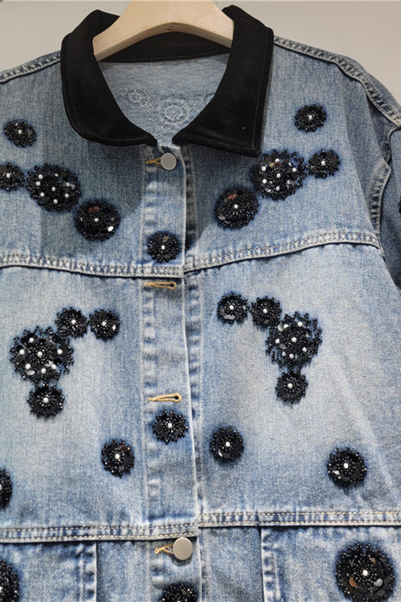 Embellished Denim Jacket with Floral Accents