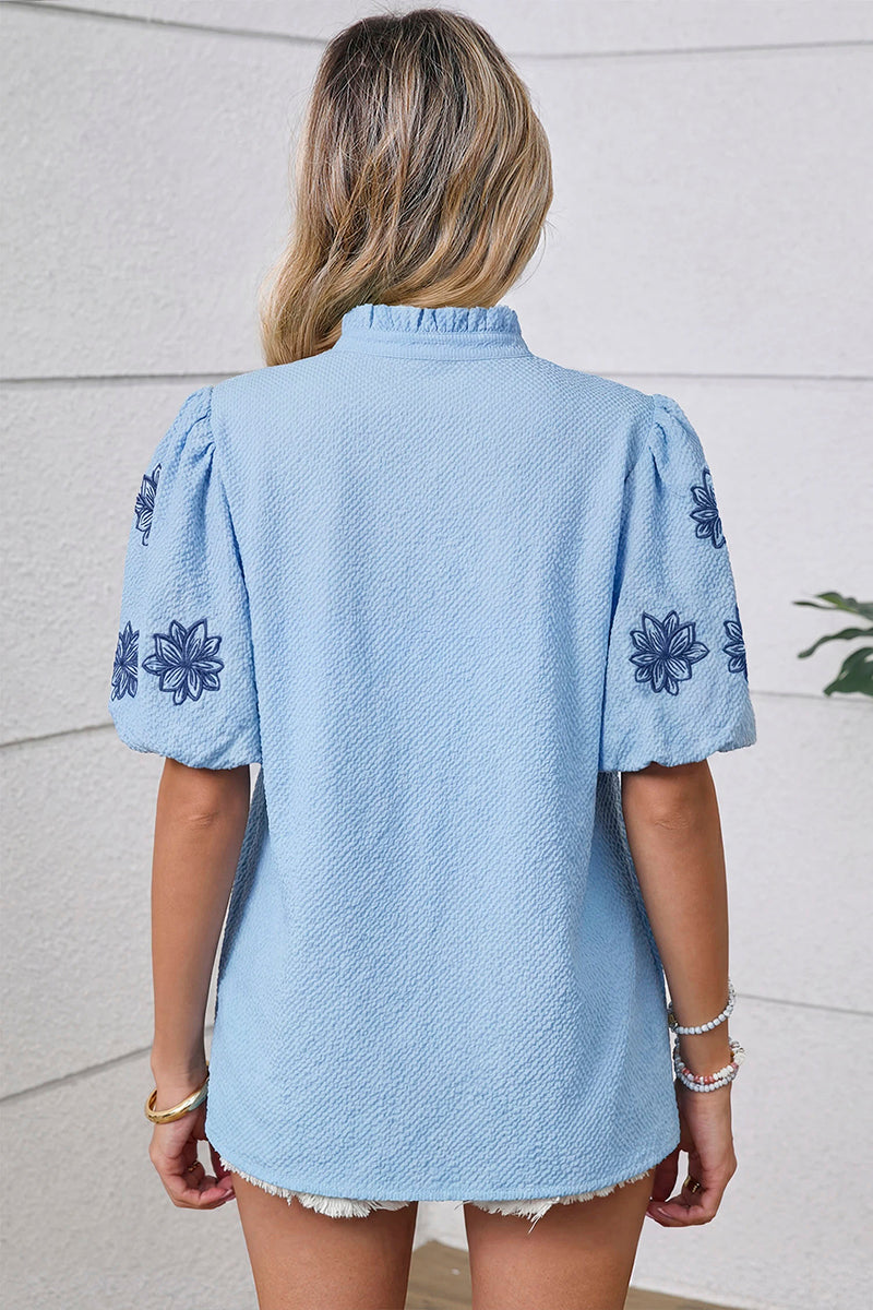 Flower Puff Sleeve Split Neck Blouse