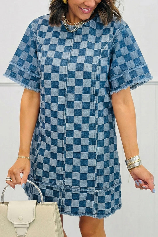Frayed Hem Checkered Mini Dress