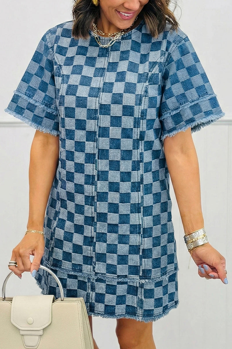 Frayed Hem Checkered Mini Dress