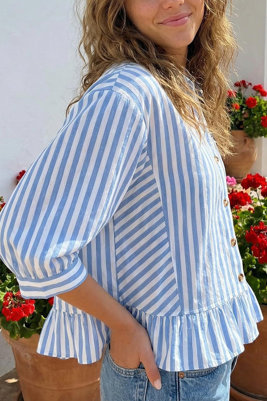 Striped Ruffle Hem Button-Up Blouse