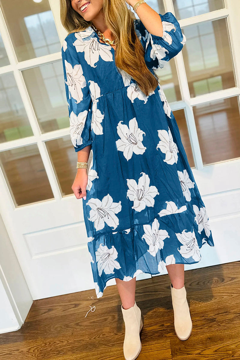 Floral Print Shirt Collar Midi Dress