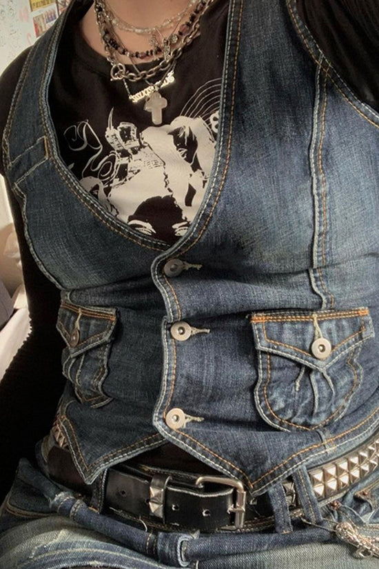 Buttoned Denim Sleeveless Vest