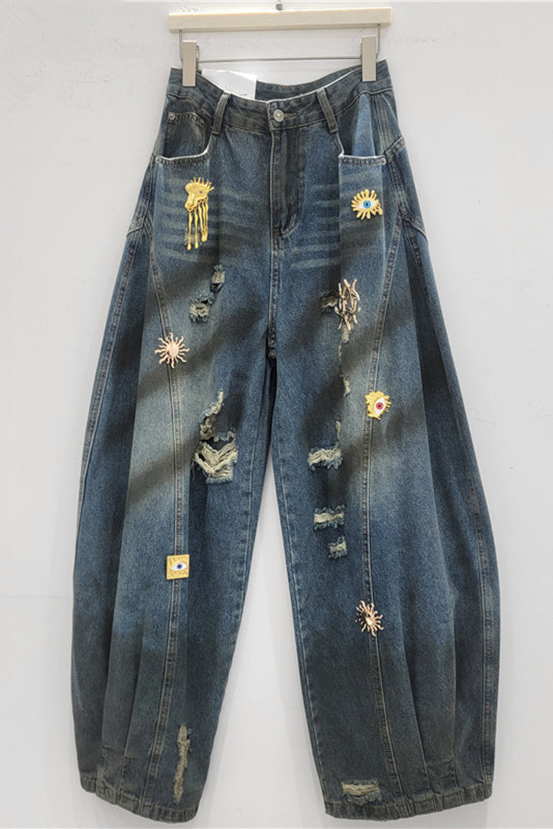 Trendy Distressed Barrel Jeans