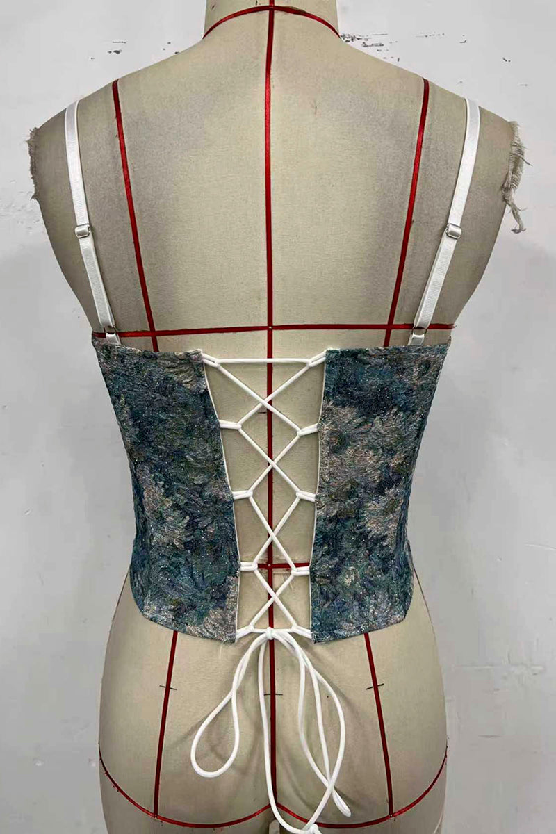 Lace-Up Floral Bustier Top